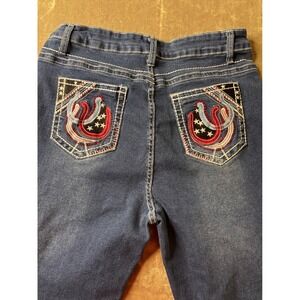 Womens Dark Wash Flare Leg Western Horseshoe Embroidered Denim Jeans Size XL